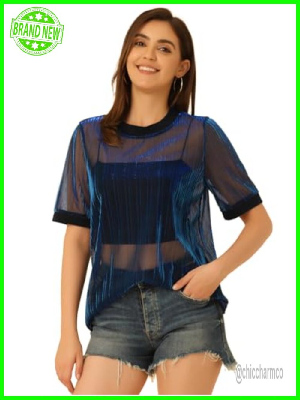 Women's Sheer Mesh See Through Contrast Color Short Sleeve Party T-Shirt